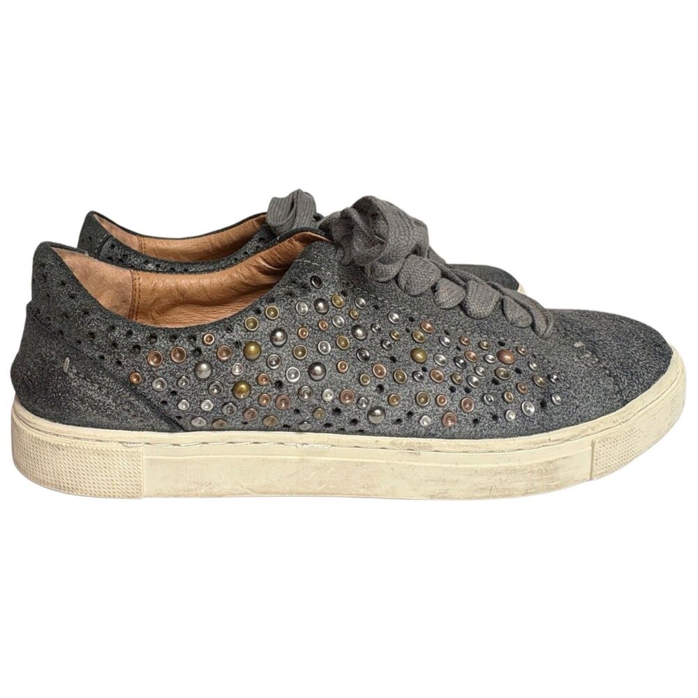 FRYE Women's Sneakers Sz 8.5 US Ivy Deco Studded Low Lace Leather Black / Gray